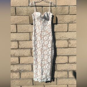 White lace, nude background, lace up back spaghetti strap dress size large